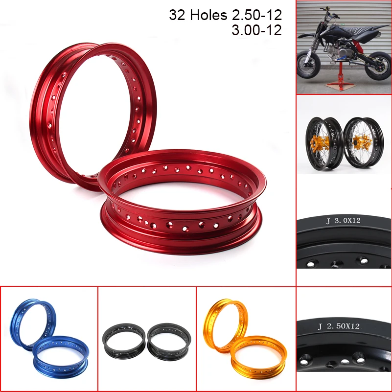 color 1 pair 12 Inch 32 Spokes Holes Aluminum Rims 2.5*12 3.00*12 for Motorcycle Pit Dirt Bike Front 2.50X12 Rear 3.00X12 Wheels