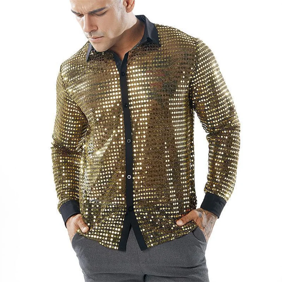 2026 Men's Carnival Sequins Shirt Cool Gold Glitter Dance Dress Shirts Long Sleeve Shiny Tops Night Party Costume Men Clothing