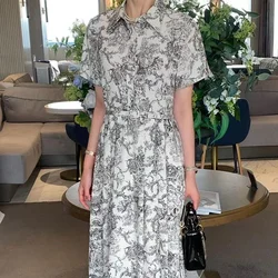 Vintage Printed Dress Women Blue with Belt Chic Summer Chic Elegant Clothing Ladies Single-breasted Turn-down Vestido Mujer