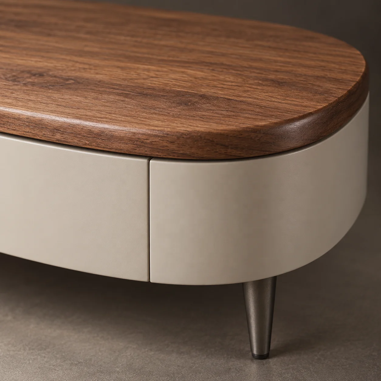 Coast Villa TV Cabinet with matching coffee table, concealed locker, rounded corner design and slender silver outriggers