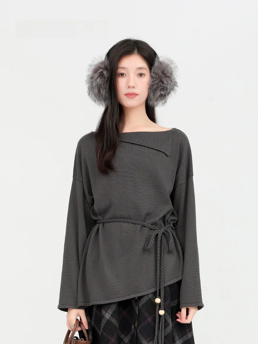 

Свободный вязаный топ с длинными рукавами и поясом, дизайн на одно плечо, из мягкой полиэстеровой смеси, повседневная одежда для женщин