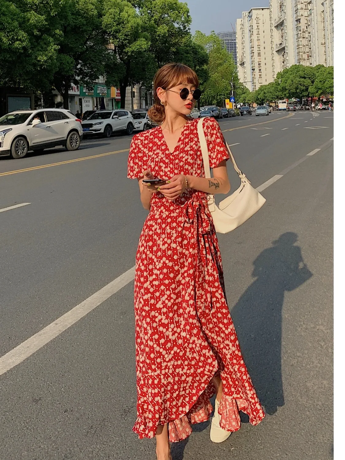 

plus Size Women's Sweet One-Piece V-Ne ort Sve Dr Summer New Waist-Cinching Pleated Long Dr Korean Sle Commute