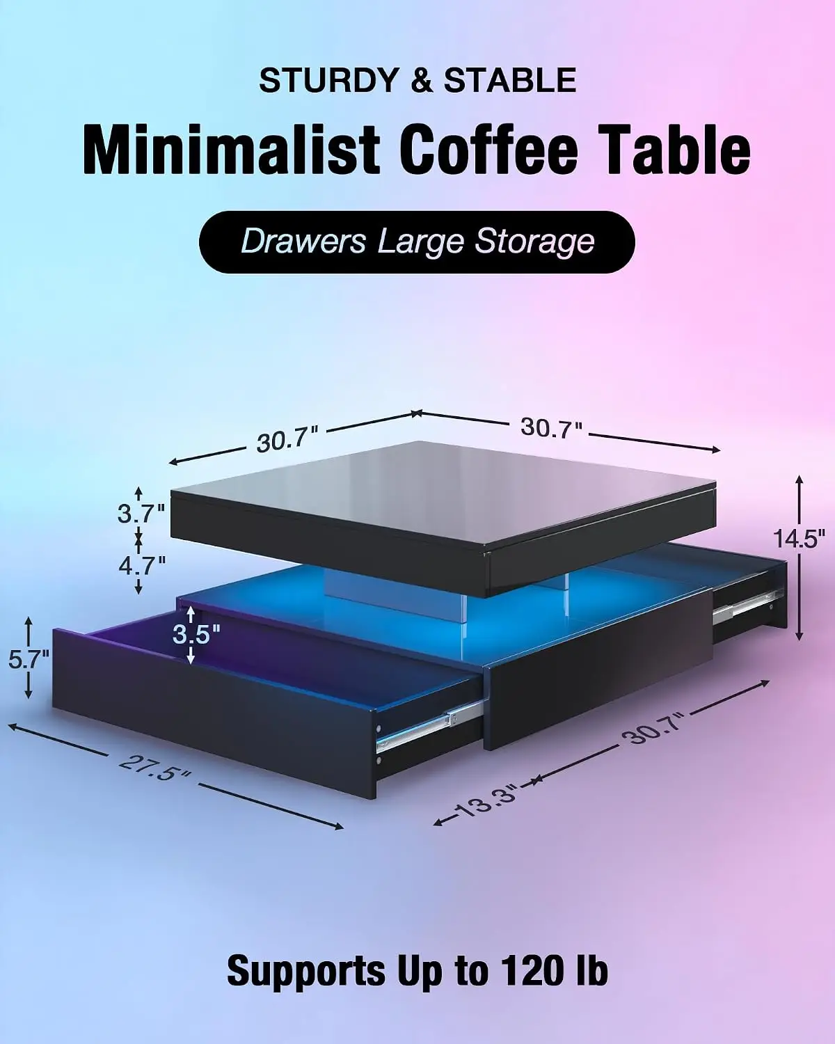 LED Coffee Table Storage & 16-Color Lights High Glossy Square Wooden Center Table 2 Drawers Living Room 31x31x14.6in, Customized