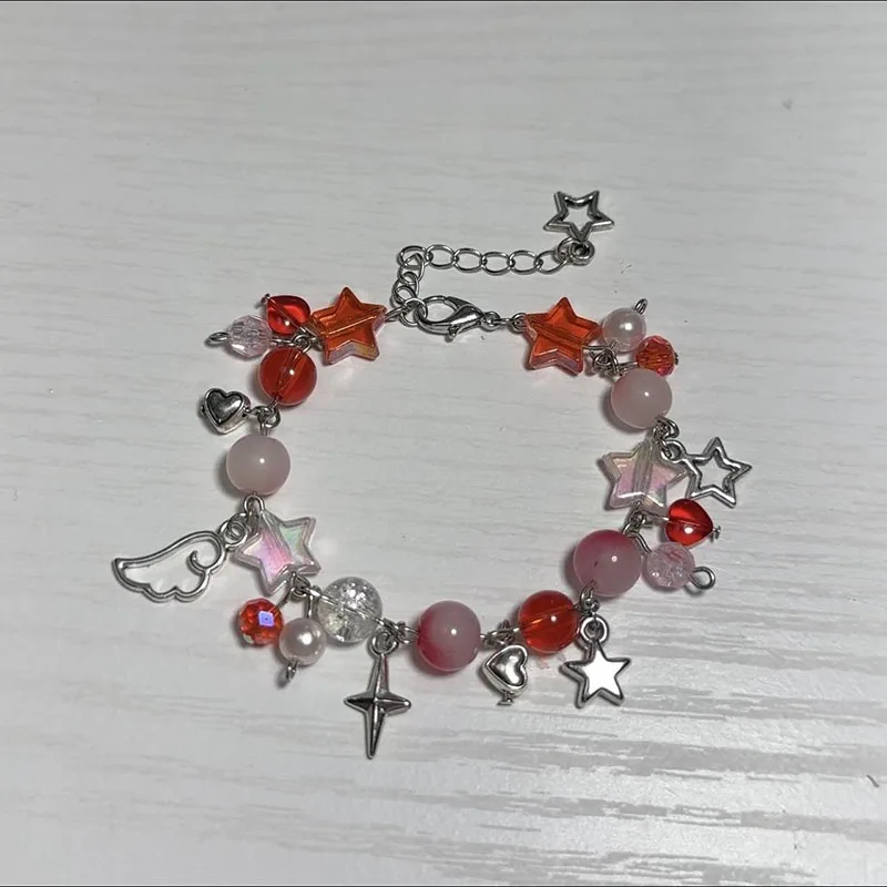 Handmade cute adjustable trendy pink and red cluttered bracelet  y2k