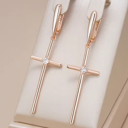 Kinel Hot 585 Rose Gold Color Glossy Cross Long Drop Earrings For Women Fashion Natural Zircon Accessories Religion Jewelry