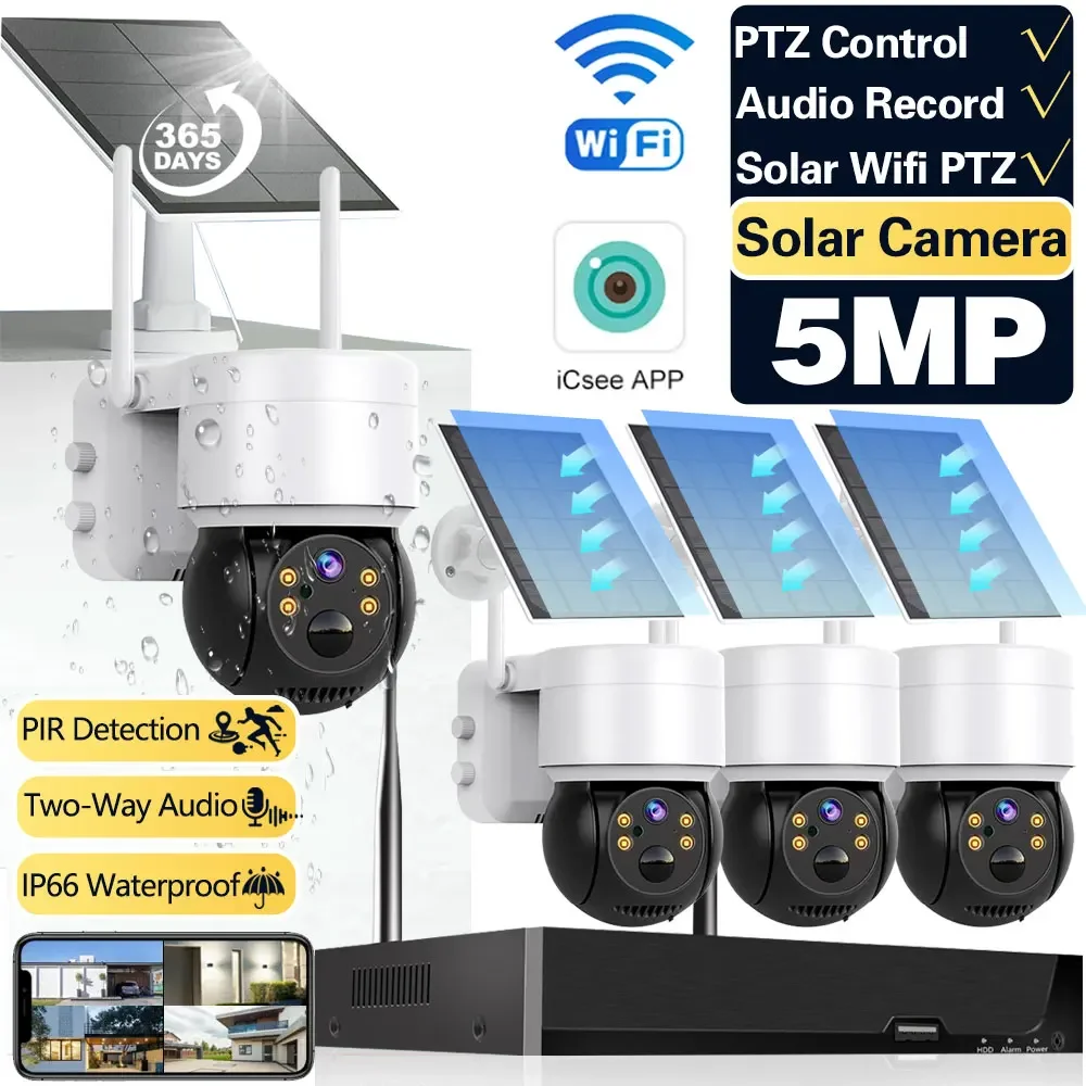 Solar Camera WIFI Outdoor 4MP HD Wireles NVR Kit Security CCTV Waterproof Night Vision PIR Human Detect Cam Kit with Solar Panel