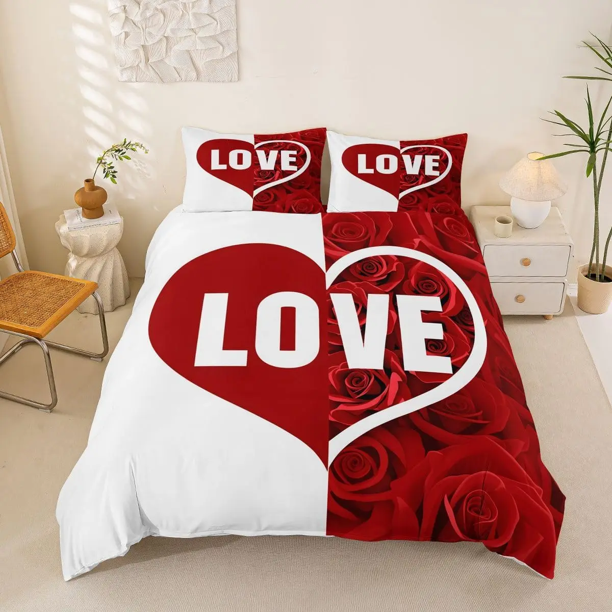 Floral Duvet Cover Set Full Queen Size Red Rose Bedding Set Microfiber Romantic Flower Quilt Cover Wedding Valentine's Day Decor