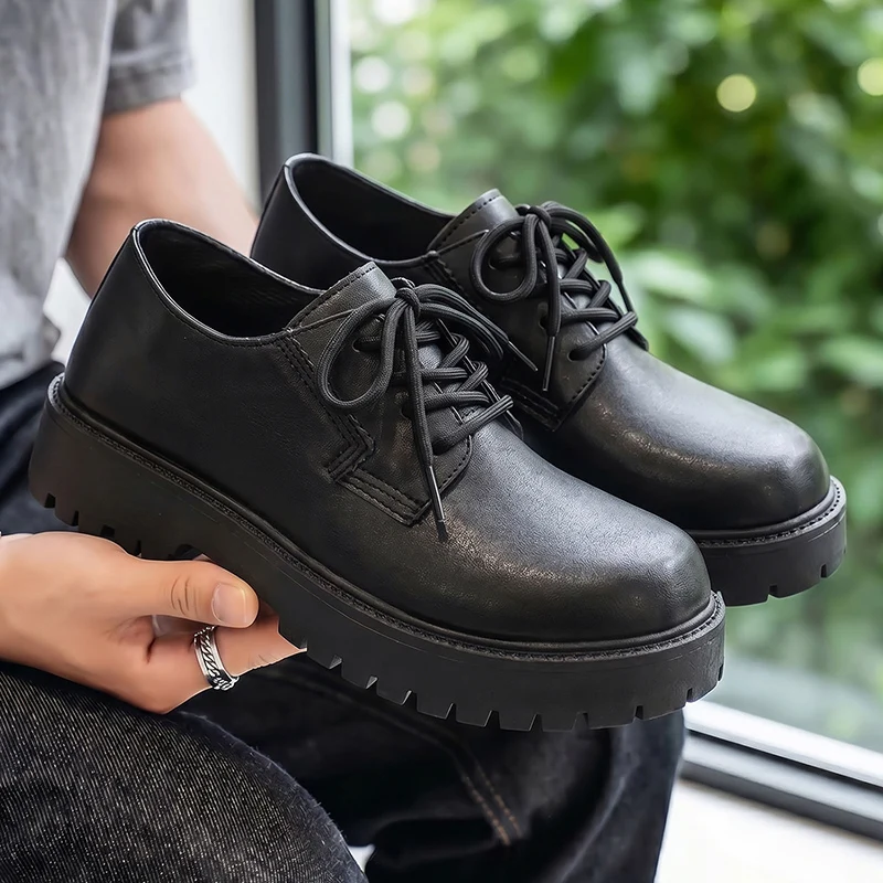 Fashion Men Matte Leather Lace‑Up Platform Shoes Thick Sole Casual Street Dress Footwear for Male