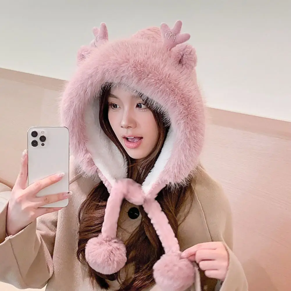 Cute Antler Ears Decor Winter Hat Head Sizes Elastic Women Hat Fashionable Winter Hat with Cute Furry Trim Plush for Women