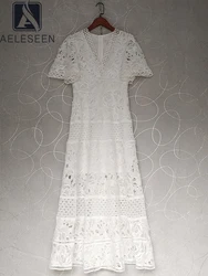 AELESEEN High Quality Lace Dress Women Summer Flare Sleeve V-Neck Hollow Out White Black Flower Embroidery Long Elegant Party