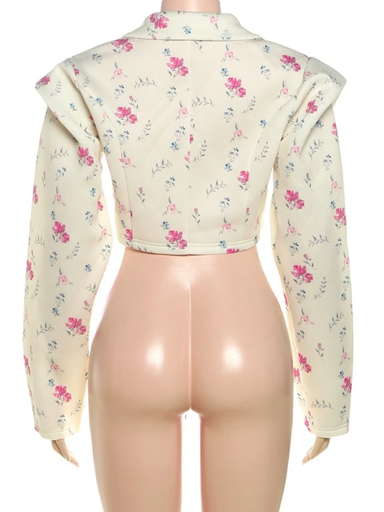 FDYOUI 2025 Herfst Bloemenprint Pak Vrouwen Lange Mouw Crop Tops Blazers Office Lady Single Breasted Korte Outerwears Streetwear
