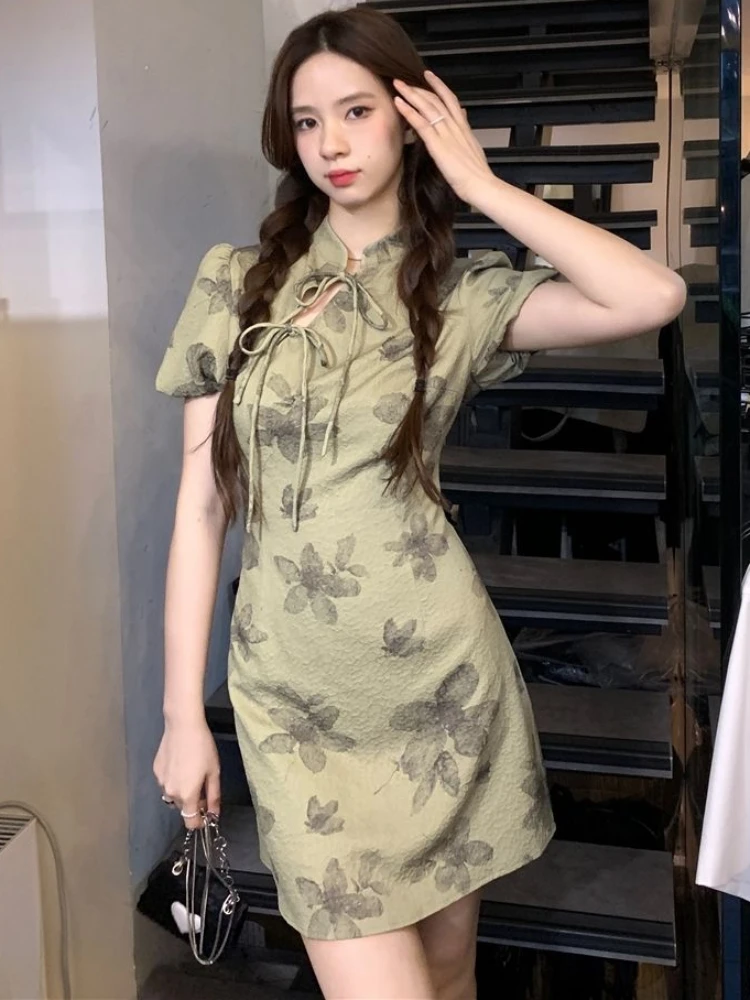 Green Slim Summer Dresses Women Chinese Stye Mini Hotsweet Vintage Embroidery Chic Aesthetic Delicate Irregular Lace-up Defined