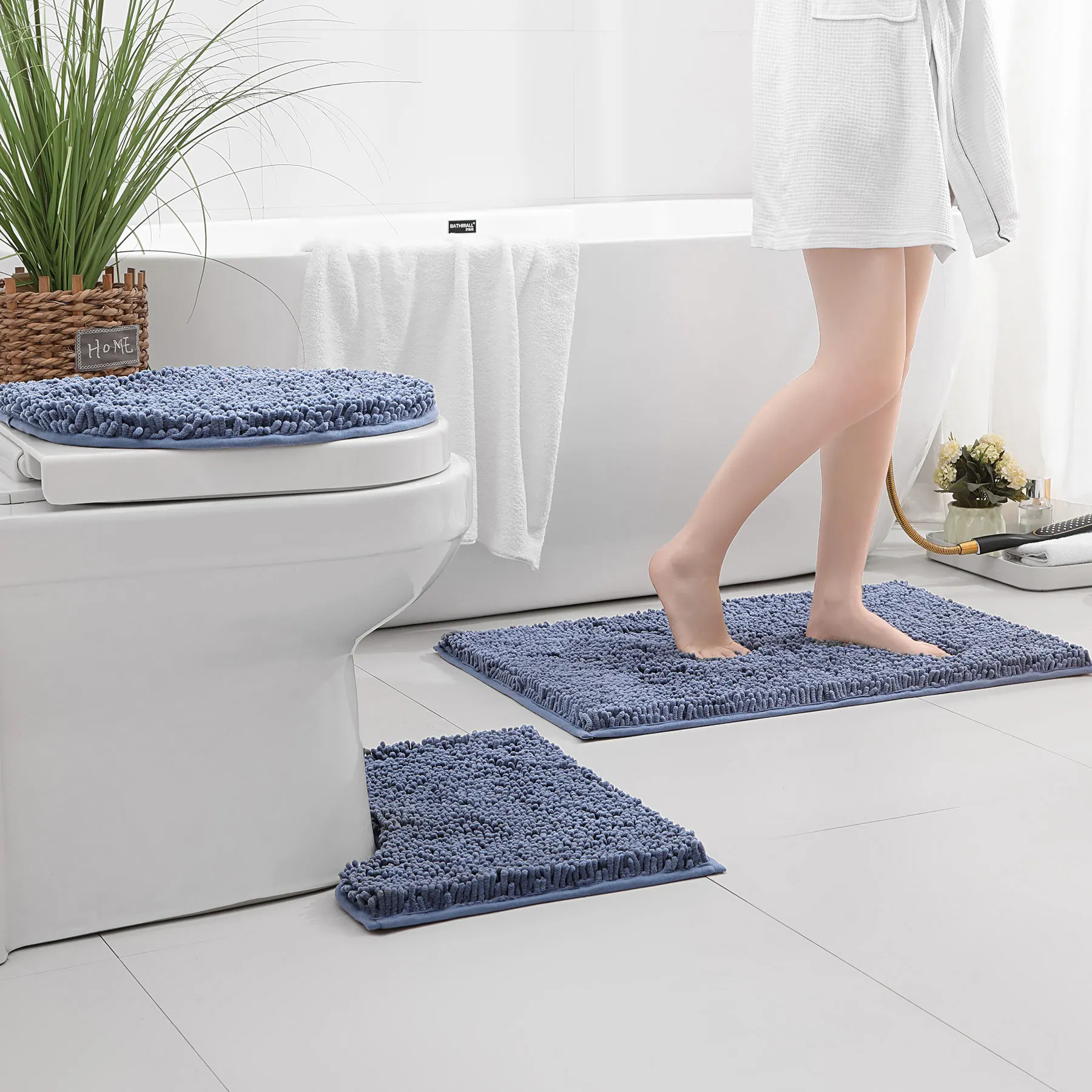 3-piece bathroom chenille floor mat, absorbent anti slip bathroom carpet, bathroom U-shaped foot mat, toilet lid, TPR anti slip