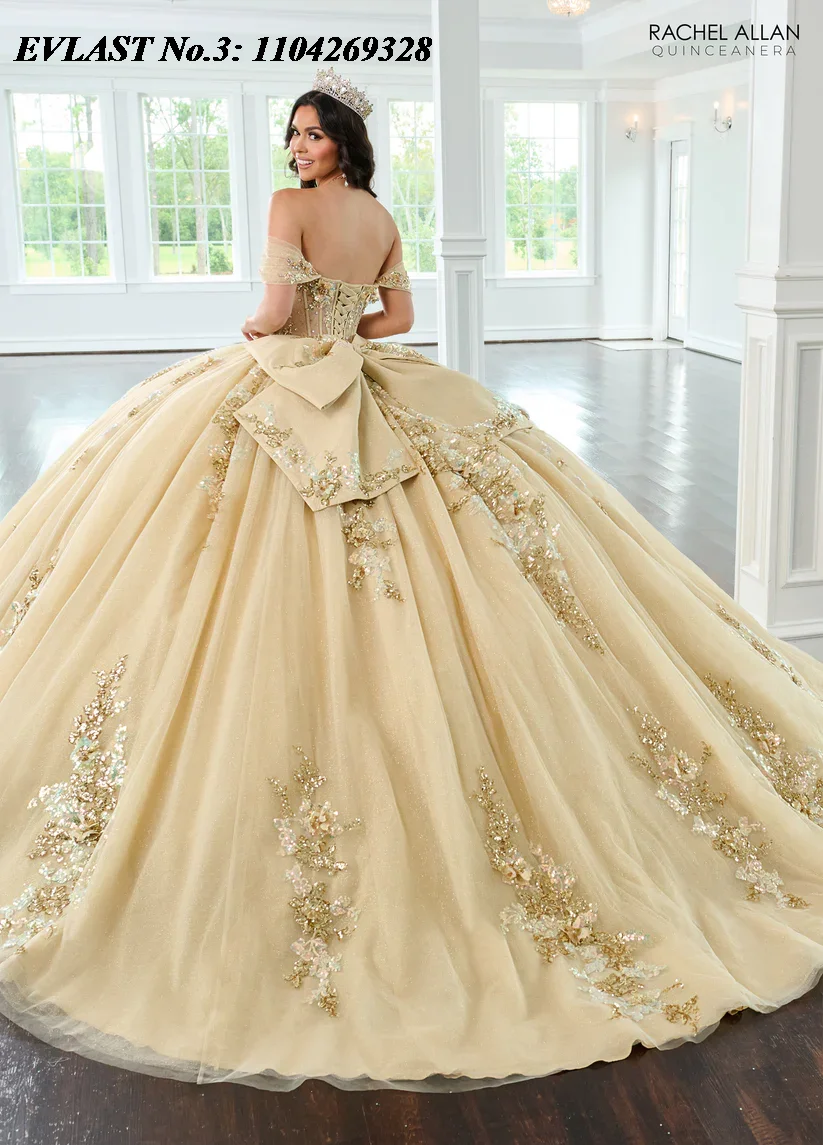 EVLAST Customized Glitter Champagne Quinceanera Dress Ball Gown Sequins Applique Beaded Bow Sweet 16 Vestido De 15 Anos E3Q442