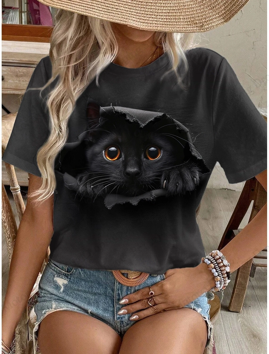 

Забавная футболка с 3D принтом животных и кошек, женская модная повседневная футболка большого размера с коротким рукавом, черно-белые топы, футболки, женская одежда