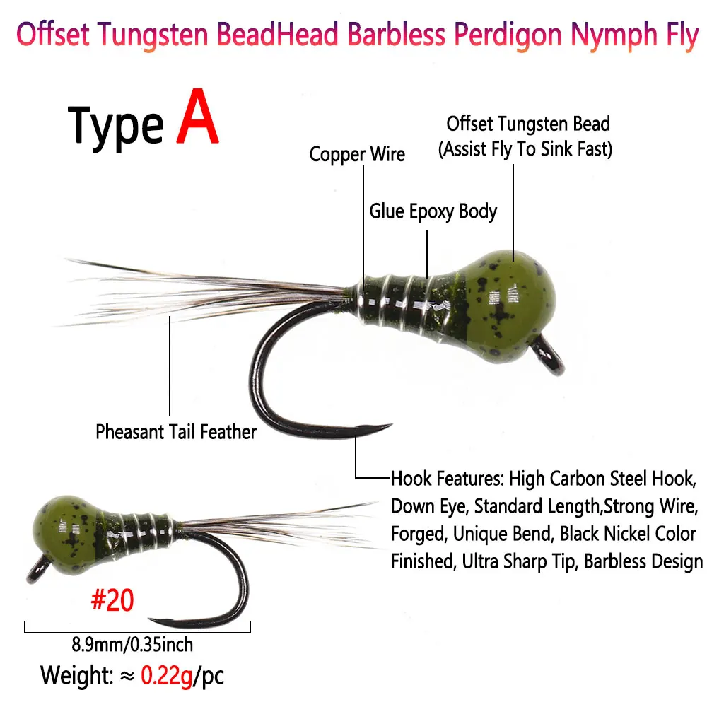 Bimoo 6PCS #20 Mottled or UV Offset Tungsten Bead Head Barbless Perdigon Nymph Fast Sinking Wet Insect Bait Trout Fishing Lure