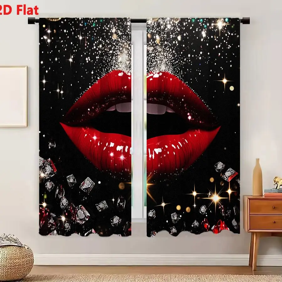 2Pcs Curtains Add 2D Flat Glossy Vibrant Red Lips Slightly Parted Reveal White Teeth Detailed Texture Shine Dynamic Background S