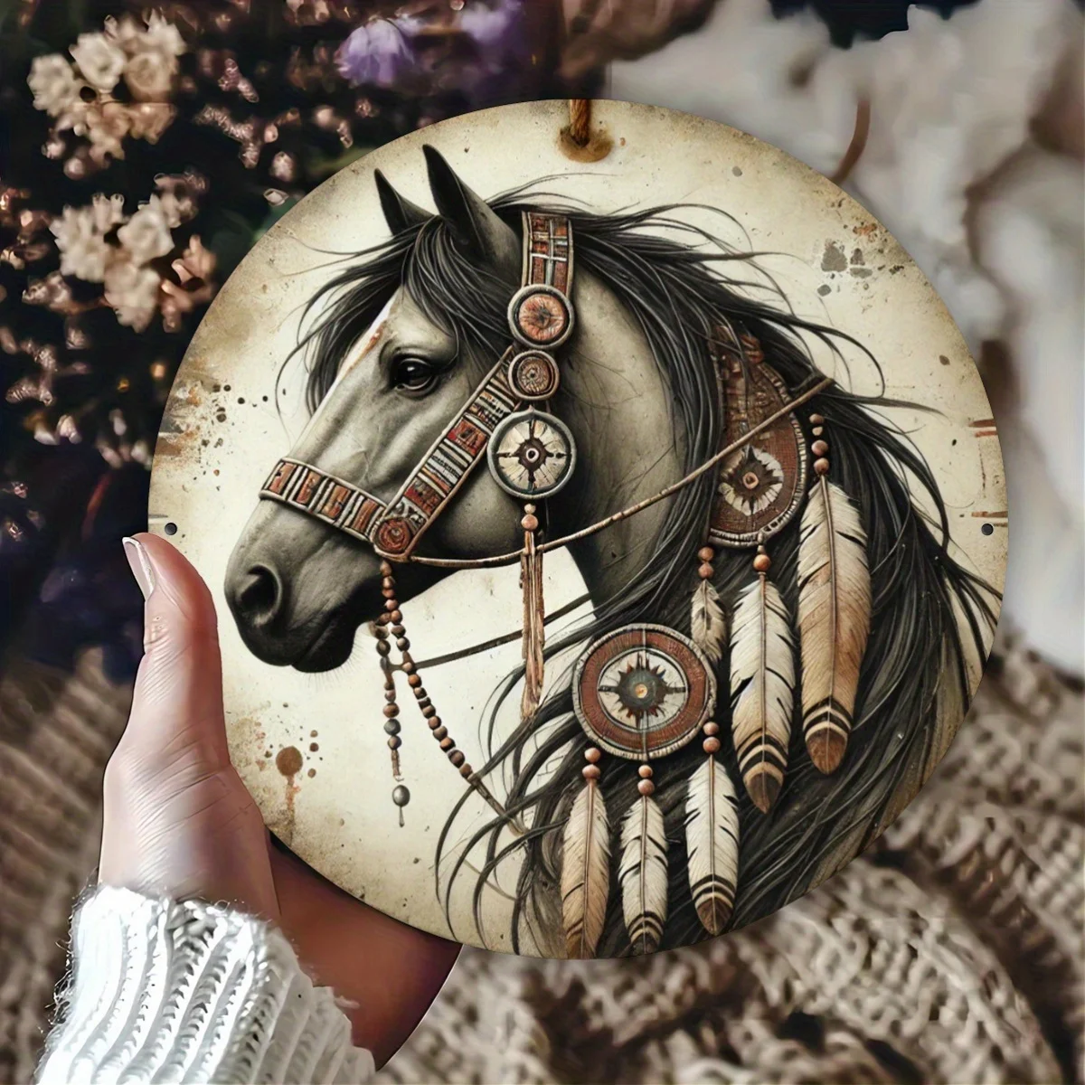 Metallschild im Indianerstil mit Pferdemotiv, runde Folien-Gravur, Eisen-Wandkunst, dekoratives Blechschild für Raum-/Wohndekoration, einfach zu hängen