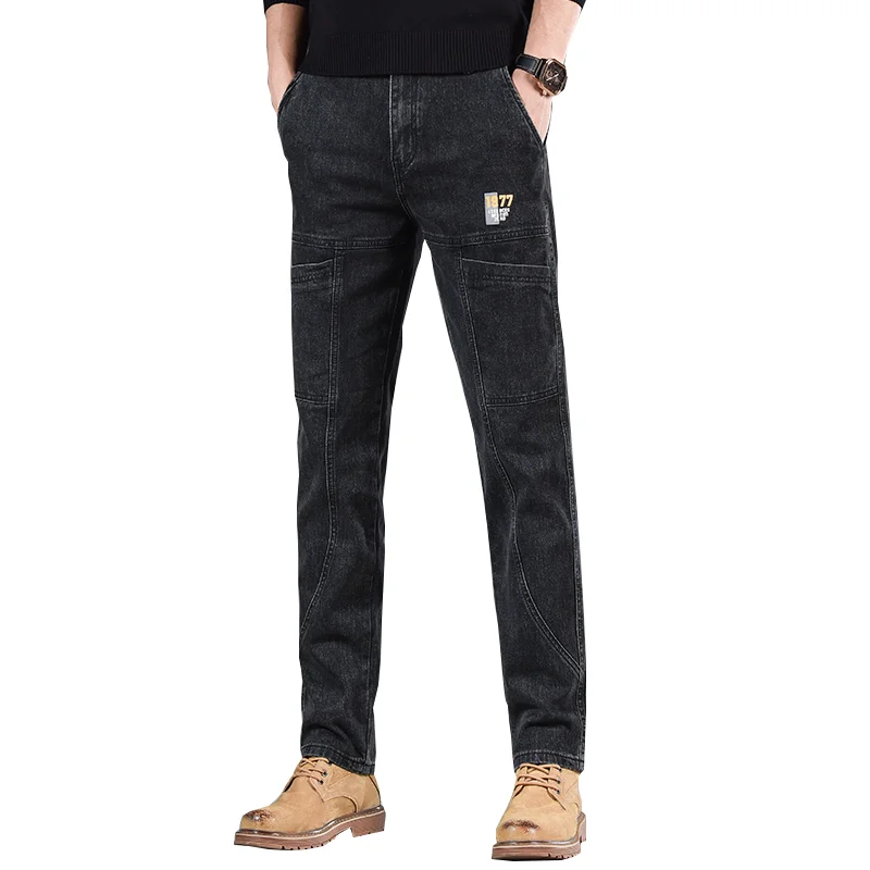 Jeans multi bolso masculino, moda slim fit, perna reta pequena, calça casual elástica versátil, nova, 2024