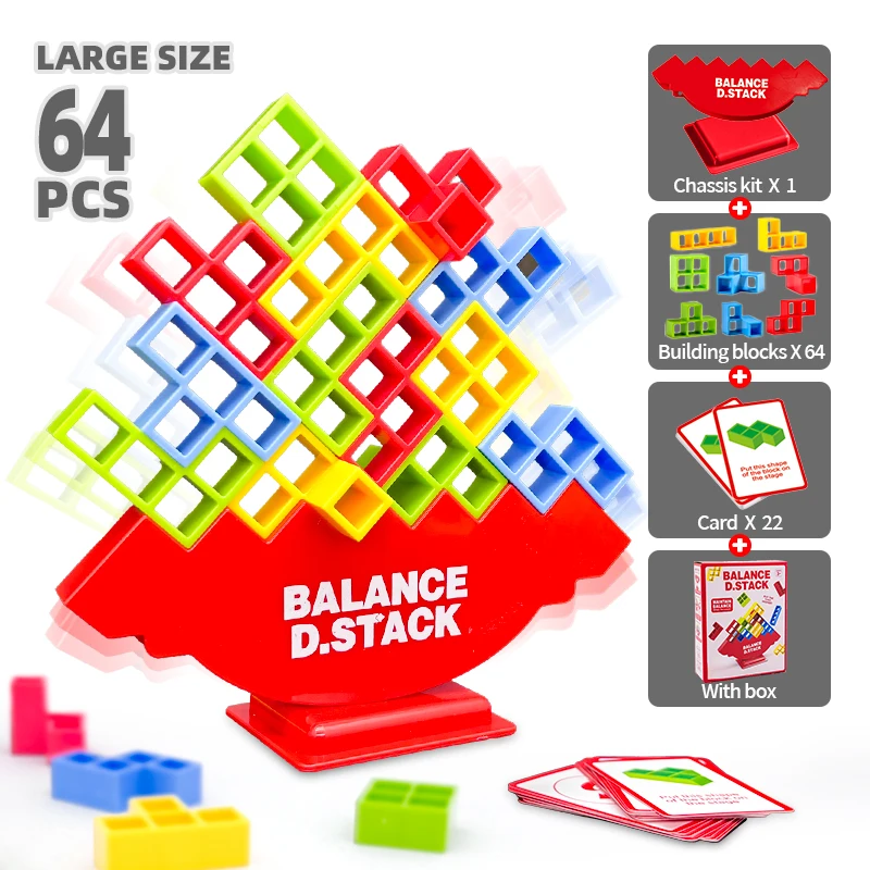 64 pçs tetris equilíbrio empilhamento jogo blocos de construção com cartões diversão família festa jogo noite mesa desafio para crianças adulto