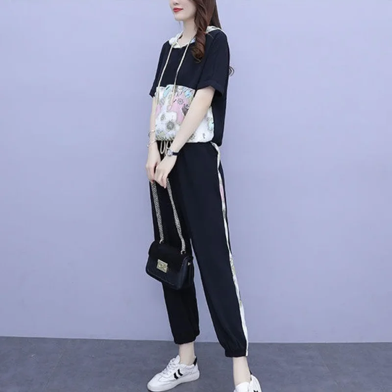 2024 Zomer Nieuwe Dames Capuchon Gespleten Casual Korte Mouw Elegante Trendy Losse, Comfortabele Elastische Broek Met Trekkoord