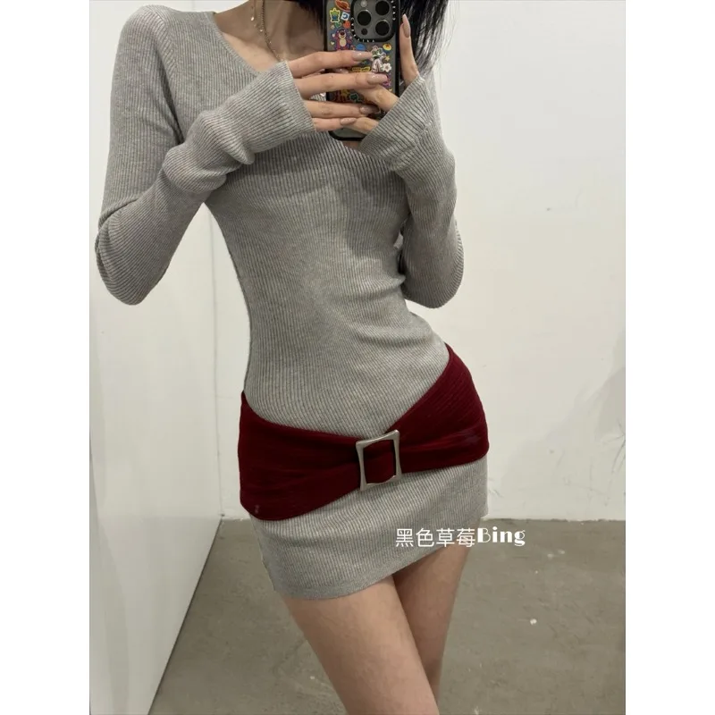 فستان نسائي محبوك ضيق من American Hottie للخريف والشتاء بلون سادة وتنورة قصيرة داخلية مع غطاء الورك #2