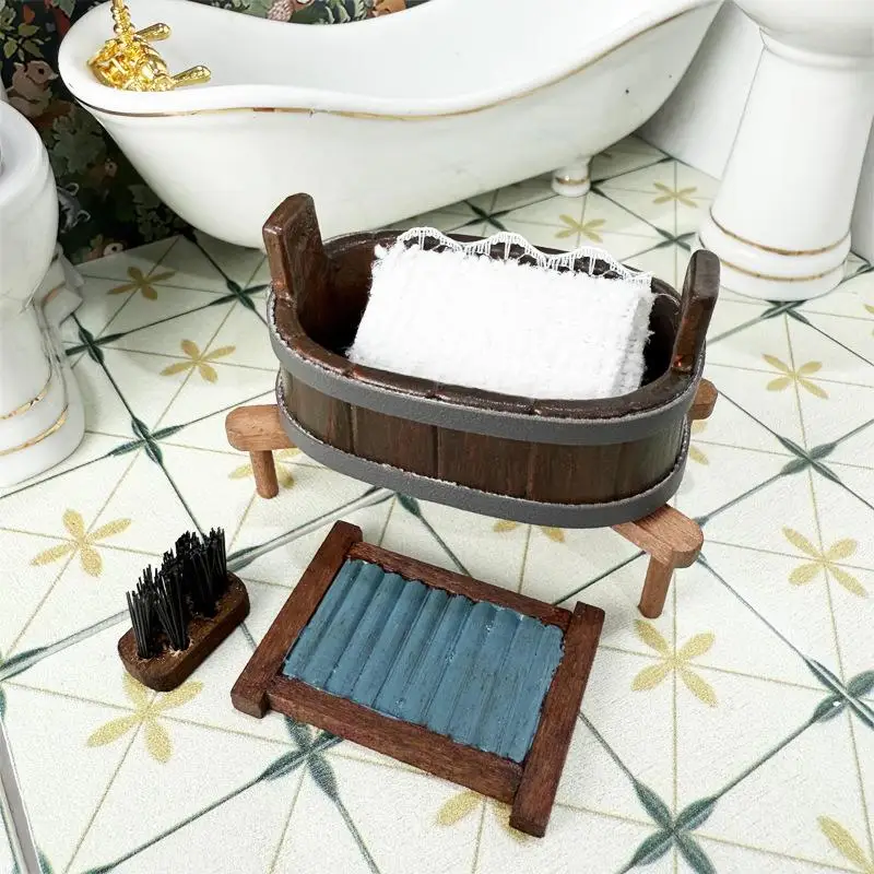 Dollhouse Miniature Wooden Barrel Washboard Brush Three-Piece Set Laundry Scene Micro Landscape Ornaments Pretend Play Toys