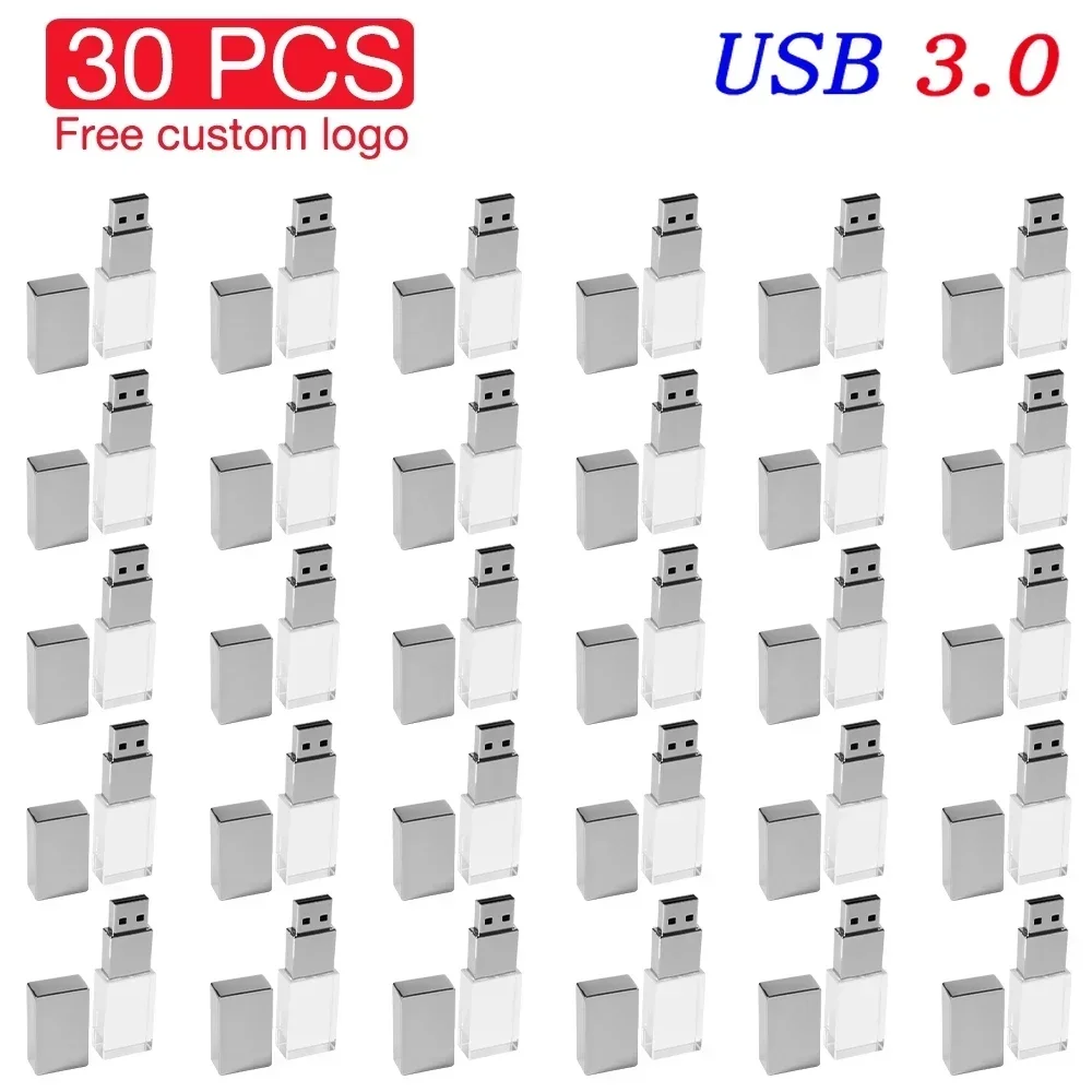 

30 PCS JASTER Crystal USB 3.0 Flash Drive 128GB Free Custom Logo Memory Stick 64GB Album Photography Box Pen Drive 32GB Gift 8GB