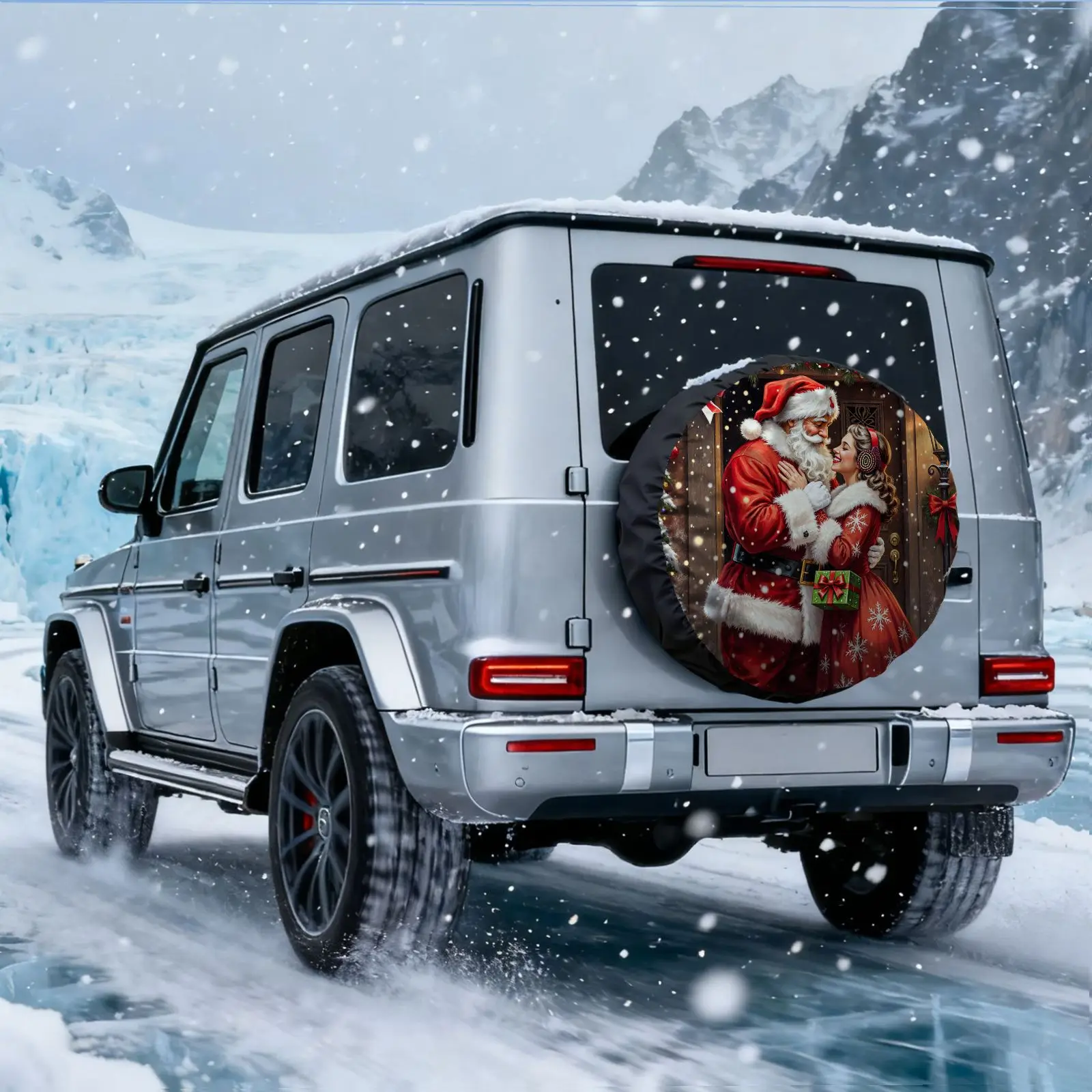 Christmas Tire Cover With Santa Hugging Woman Snowy Scene - Durable Polyester All-Weather Fit For SUVs, Cars, Trucks - Holiday D