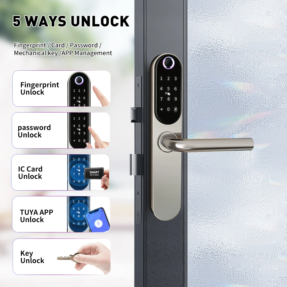 Tuya Fireproof Waterproof Cerradura Biomtrica Fingerprint Smart 5-in-1 Keyless Entry Door LockWith App