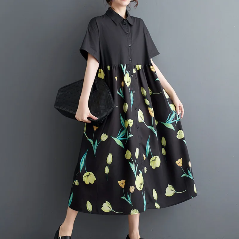 夏の新花柄プリント A ラインドレス半袖ヴィンテージフロントボタンシャツドレスターンダウン襟女性 Vestidos