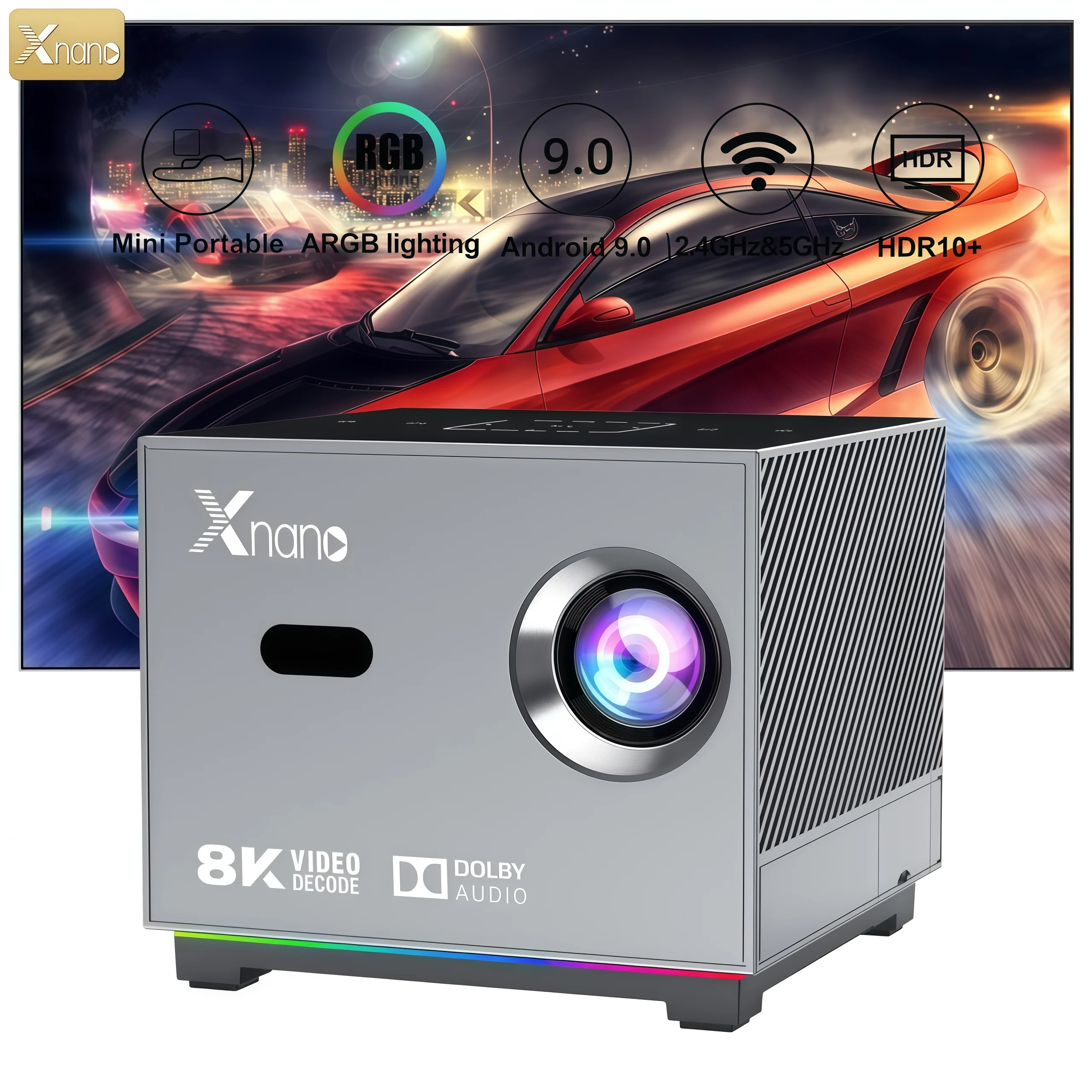 Xnano X3 Portable LED Projector 190Ansi Android 9.0 Dual WiFi BT5.0 HDR10+ Dolby Audio 8K Decoding Electric Focus Mini Beamer