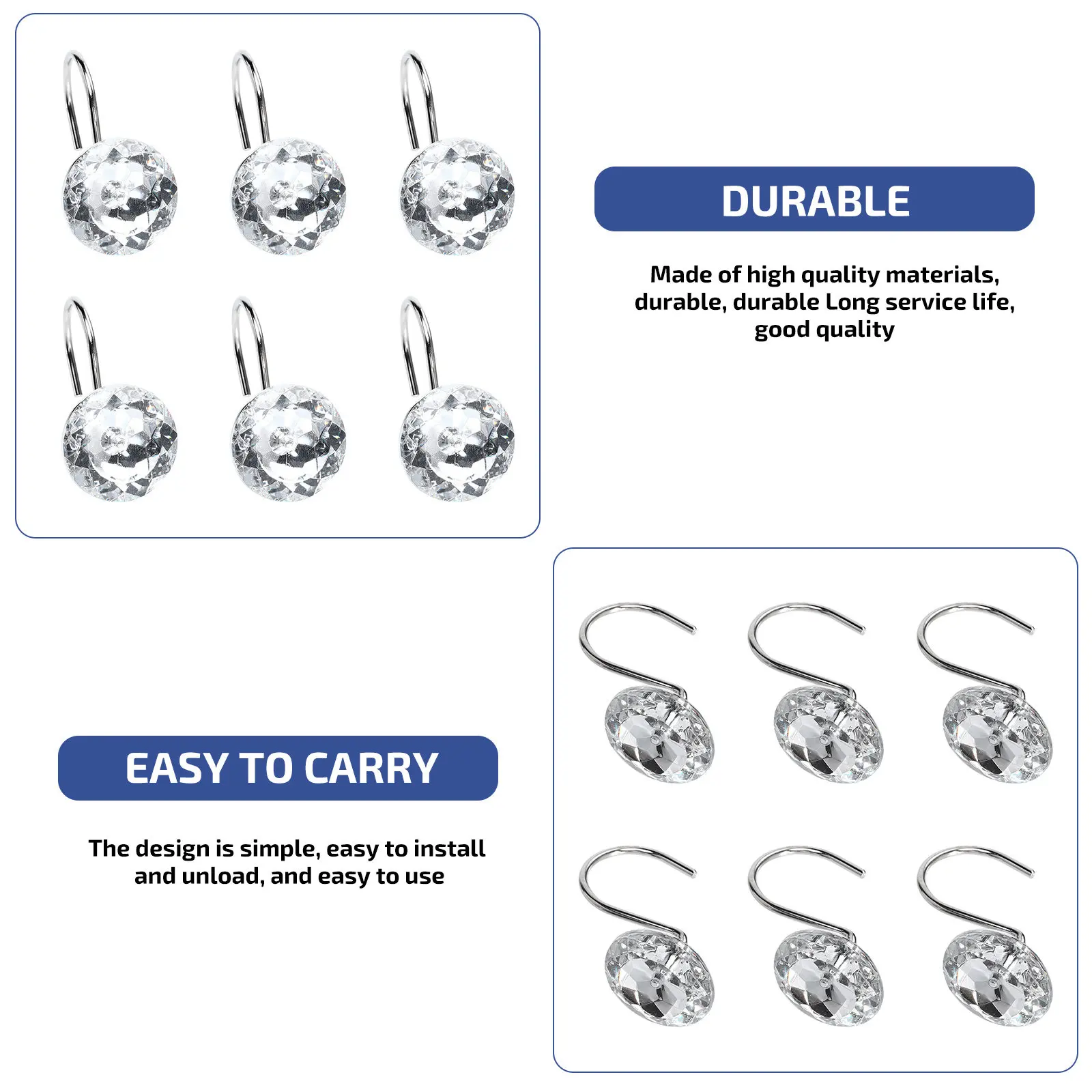12pcs Shower Curtain Hooks Rhinestone Acrylic Hangers For Bathroom Decorative Waterproof Space-Saving Hanging Hardware Home