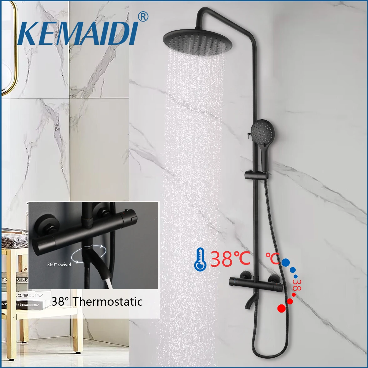 KEMAIDI Thermostatic Shower Set Bathroom Shower System 38 Thermostatic Black Bath Shower Set Square Rainfall Top Shower Faucet