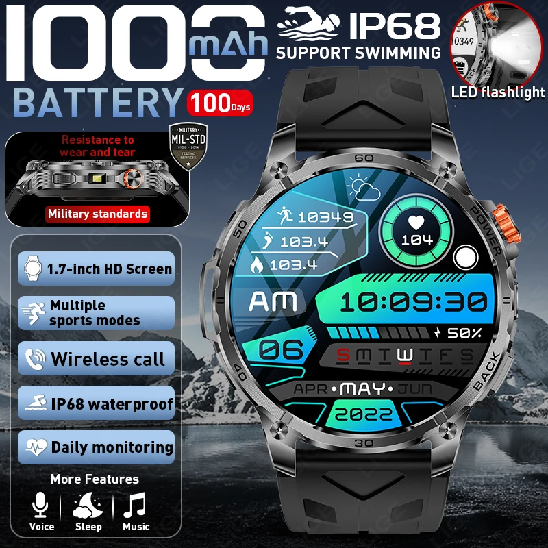 

Смарт-часы LIGE с новой батареей большой емкости 1000 мАч, мужские, для активного отдыха, с фонариком, Bluetooth-звонками, водонепроницаемые, для спорта и фитнеса