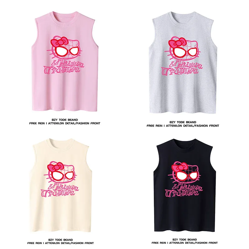 

Hello Kitty Summer Cartoon Fashion Print Pure Cotton Fabric Kawaii Girl Vest Korea Style Running Sport Sleeveless T-Shirt