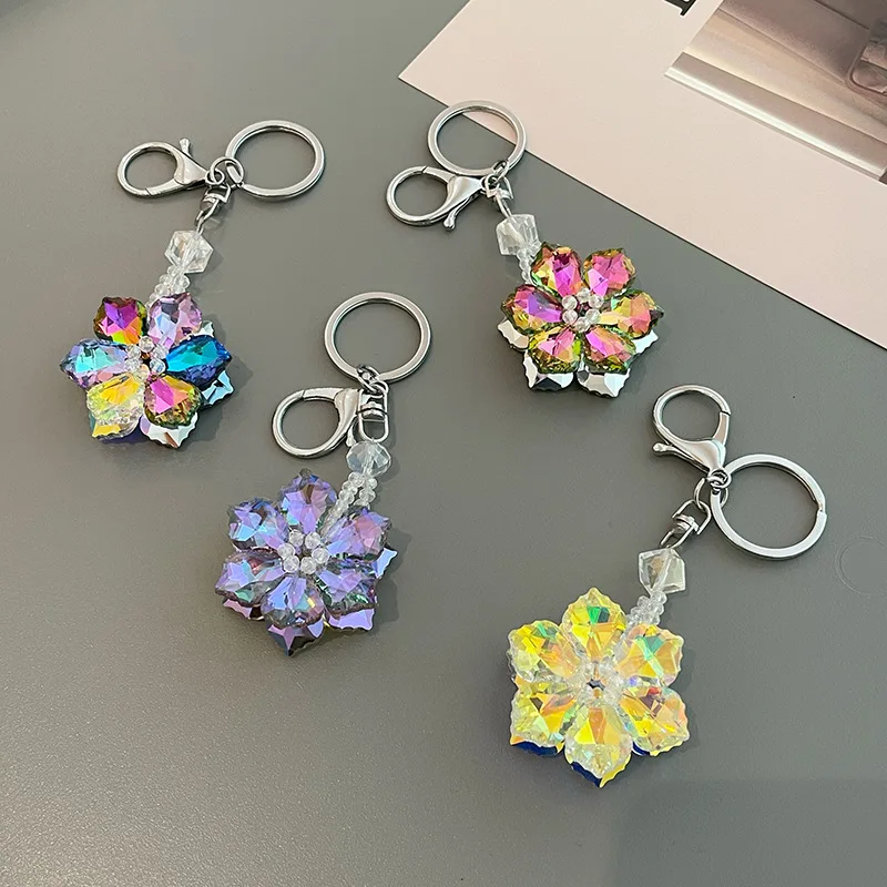 2022 Luxury Colorful Crystal Rhinestone Snowflake Keyring Charm Pendant Purse Bag Keychain Women Birthday Present