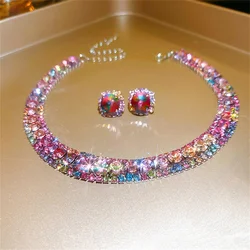FYUAN Luxury Crystal Necklace Earrings Set Pink Purple colourful Necklace for Women Weddings Party Jewelry Sets Accessories