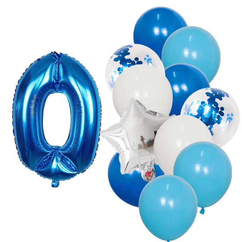 12 Pcs Blue 30 Inch Number Foil White Latex Balloon Happy Birthday Party Decorations Kids Boy Baby  1 2 3 4 5 6 7 8 9 Year Old