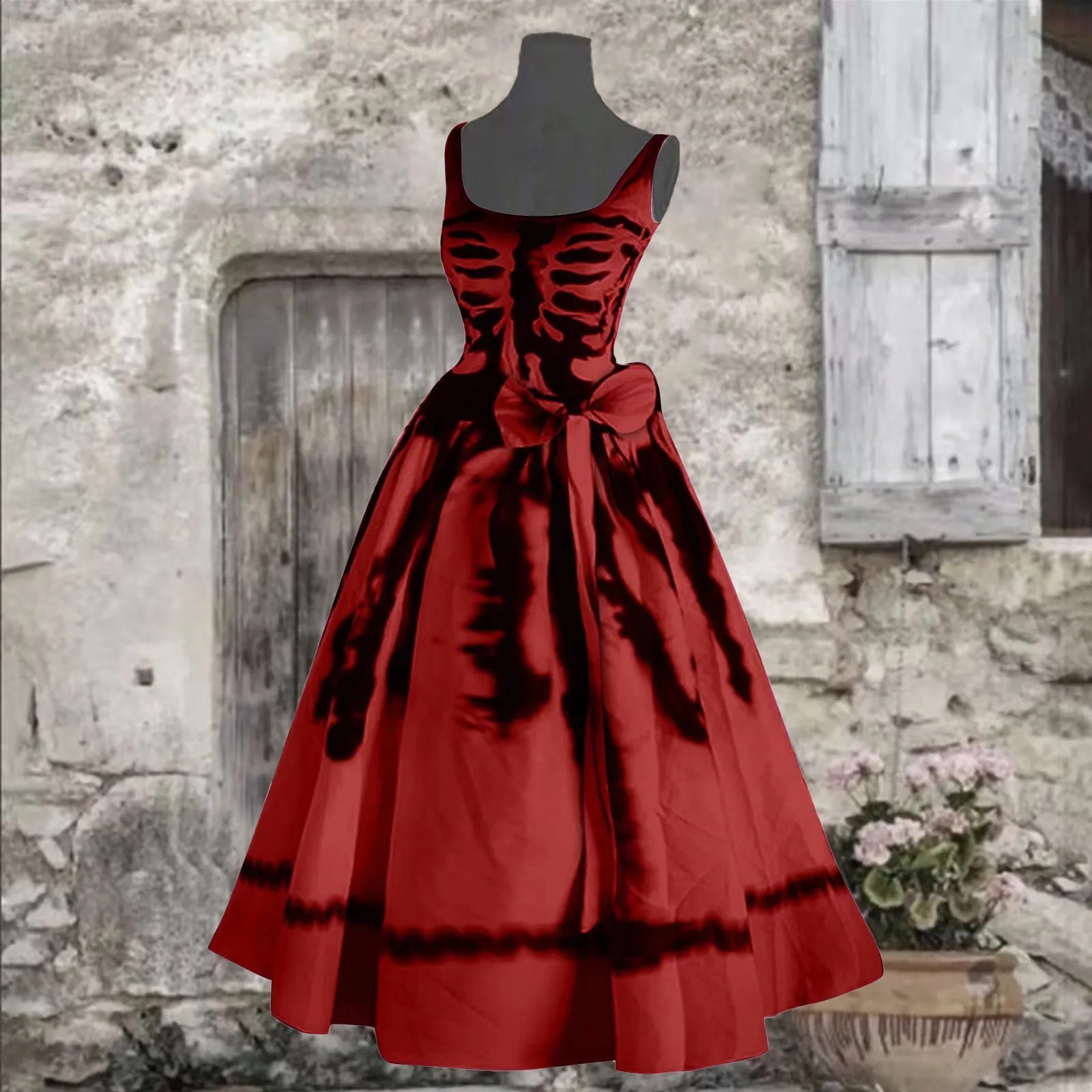 Robe longue à imprimé tête de mort pour femme, streetwear à col rond, coupe couvertes, ceinture, robe trapèze pour femme, fête d'Halloween, drôle