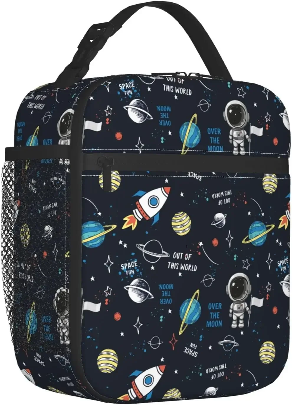 Astronaut In Space Galaxy Lunch Bag, Boys Girls Rocket Planet Insulated Reusable Soft Lunch Bag,