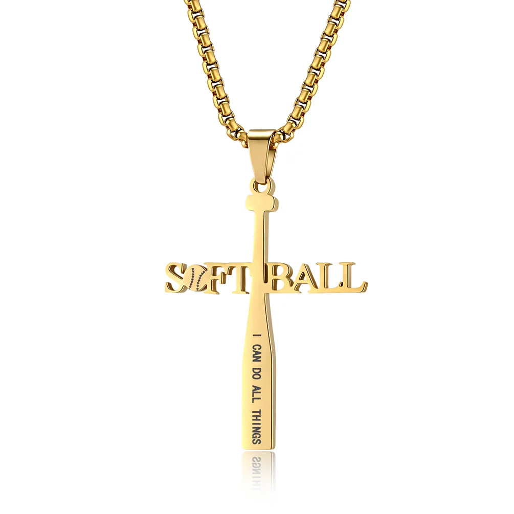 Punk Retro Titanium Steel Softball Baseball Cross Pendants Necklaces for Men Rock Jewelry Drop Shipping