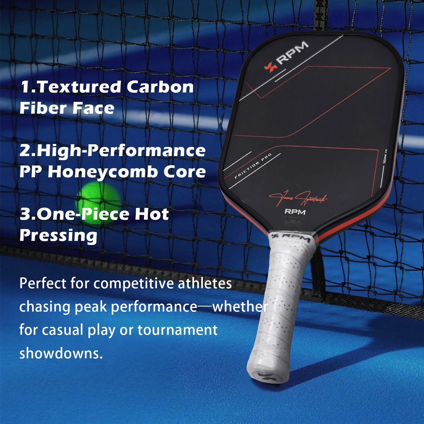 RPM V2 Pickleball Paddle, Rough Matte Grit Surface for Max Spin, Toray T700 Carbon Fiber, Hot Press Integral Molding High Elasti