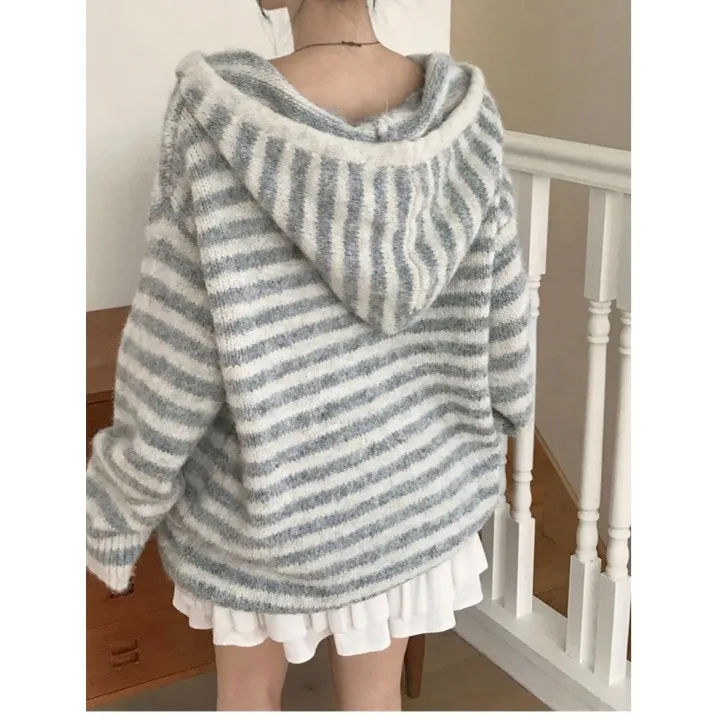 Maglione lavorato a maglia allentato casual chic da donna Autunno Inverno con motivo a righe con cappuccio Capispalla pigro Sle Top Faion Trend