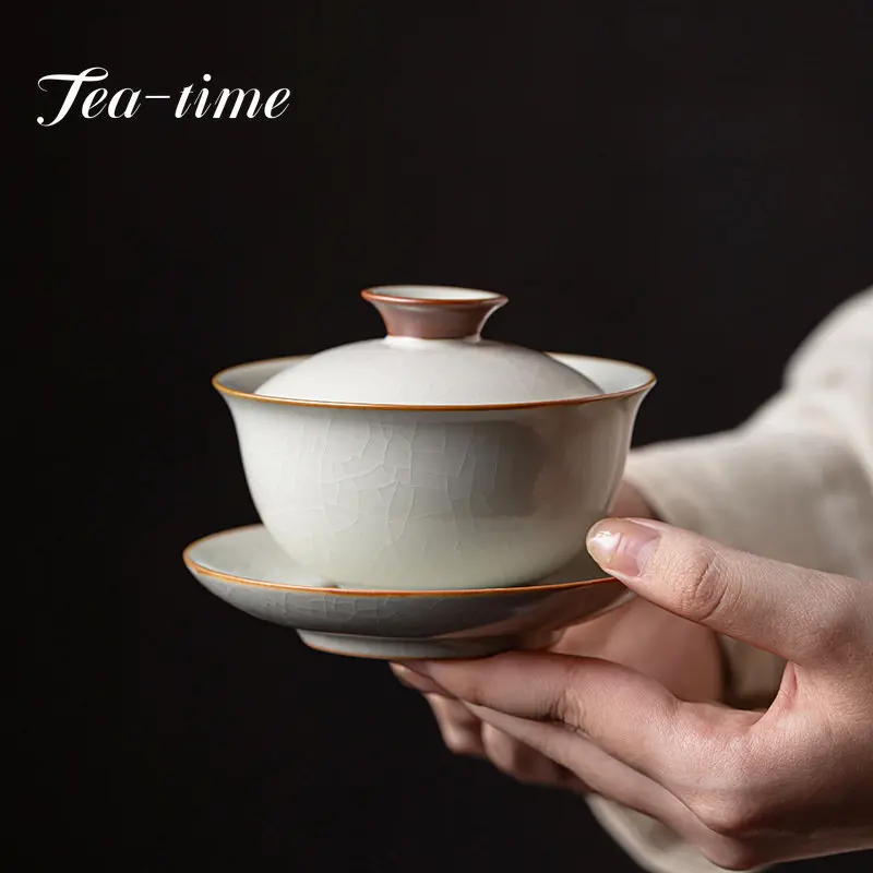 

Boutique Vintage Ru Kiln Tea Tureen Gracked Glaze Can Improve Household Sancai Tea Cover Bowl Tea Maker Kung Fu Tea Ceremony