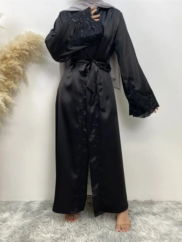 Mais recente renda bordado quimono muçulmano robe abaya syari feminino comprimento total muçulmano abaya serviço de adoração abayas com cinto wy1920