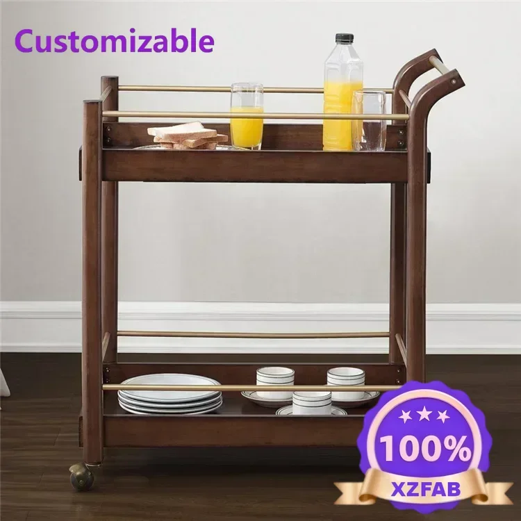 Factory Direct 2026 Nordic Solid Wood Cart Hotel Bar Liquor Wine Tea Food Beverage Service wooden trolley with Antique Bronze
