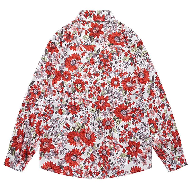 Men's Shirts Red Flower Print Blouse Floral Pattern Clothes Trendy Loose Fit Long-Sleeved Handsome Coats M-2XL Autumn New