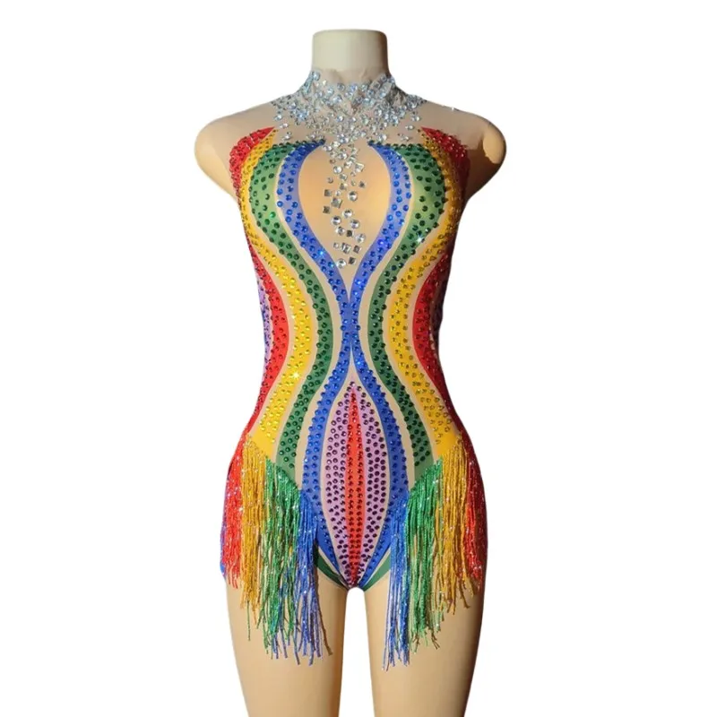 Rainbow Stripes Rhinestones Tassel Bodysuit Sexy DJ Nightclub Stage Performance Costume Crystal Mesh Fringe Leotard Dance Outfit