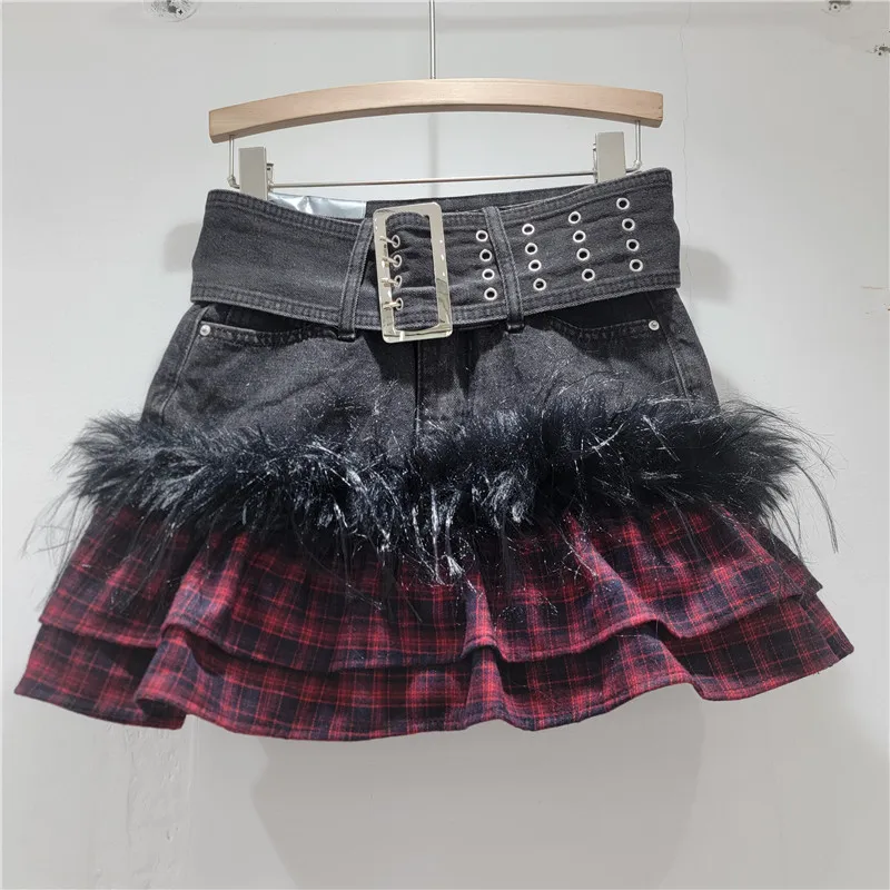 2025 Autumn New High-Waisted Denim Skirt for Women, Stylish Anti-Exposure A-Line Furry Bodycon Short Skirt, Plaid Stitching